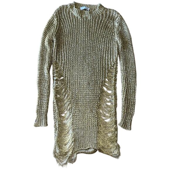 Sandro Distressed Gold Long Sleeve Shirt Dress - Picture 1 of 4